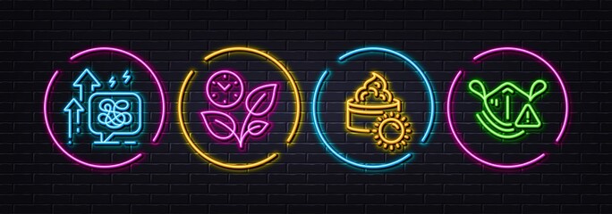 Leaves, Sun cream and Stress grows minimal line icons. Neon laser 3d lights. Medical mask icons. For web, application, printing. Grow plant, Face lotion, Mental anxiety. Face respirator. Vector