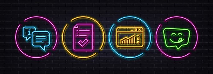 Web traffic, Info and Approved checklist minimal line icons. Neon laser 3d lights. Yummy smile icons. For web, application, printing. Website window, Information chat, Accepted message. Vector