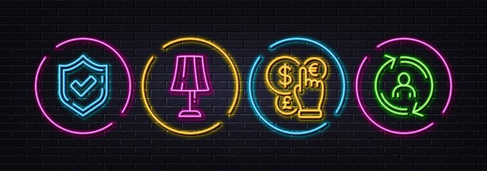 Table lamp, Money currency and Confirmed minimal line icons. Neon laser 3d lights. User info icons. For web, application, printing. Bedside lamp, Currency exchange, Accepted message. Vector