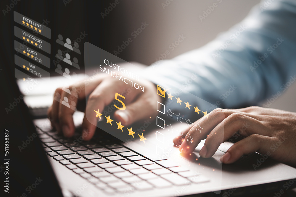 Poster customer satisfaction survey concept, businessman using computer laptop to select excellent yellow f
