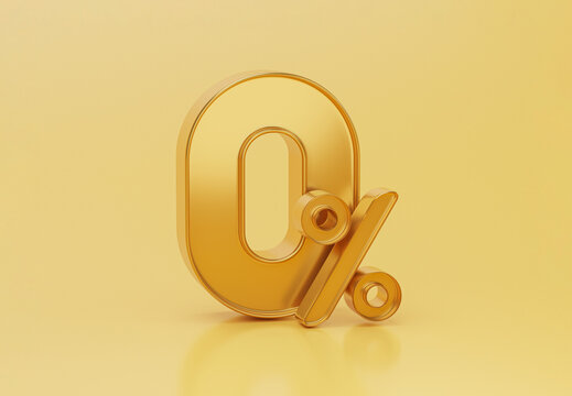 Golden zero percentage or 0% for special offer of shopping department store discount and banking interest rate concept by realistic 3d render.