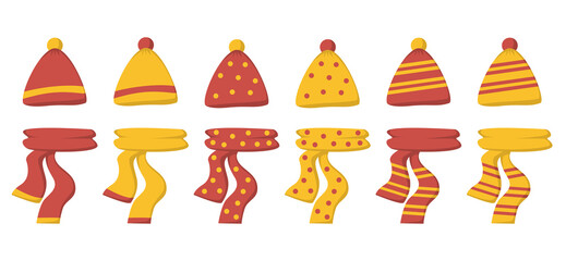 A set of autumn scarves and hats in red and yellow colors in a flat style. Vector image.