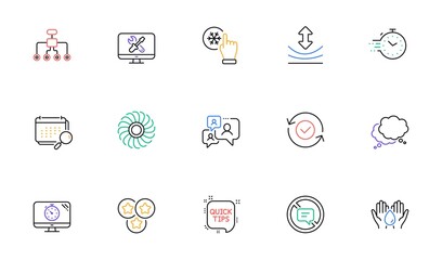 Stars, Restructuring and Timer line icons for website, printing. Collection of Safe water, Support chat, Resilience icons. Stop talking, Calendar, Seo timer web elements. Repair. Vector