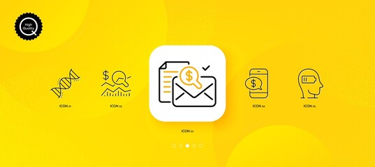 Fototapeta na wymiar Phone payment, Chemistry dna and Check investment minimal line icons. Yellow abstract background. Weariness, Accounting report icons. For web, application, printing. Vector