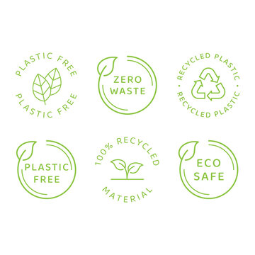 Eco safe, zero waste and recycled material. Vector label set, plastic free, eco friendly with leaf cycle.