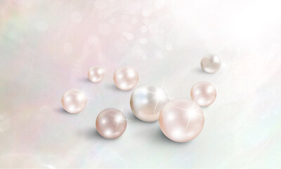 Group of shimmering small and big pink and white pearls on white background