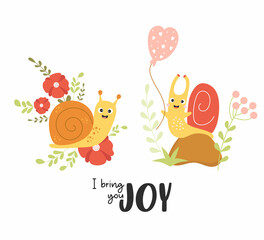 Set of forest snails. Funny snail characters on stone among grass with balloon and in flowers. Vector illustration. Concept I bring you joy. happy snail insects for cards, covers, design, decoration