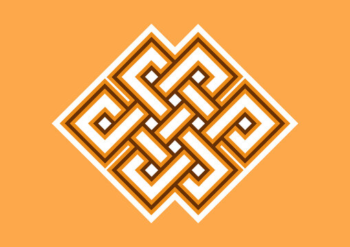 Endless knot buddhist symbol icon vector. Eternal knot icon vector. Ancient tibetan symbol. Spiritual symbol of infinity design element isolated on a orange background