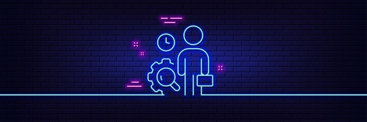 Neon light glow effect. Inspect line icon. Quality research sign. Person verification symbol. 3d line neon glow icon. Brick wall banner. Inspect outline. Vector