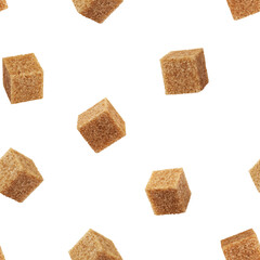 brown cane Sugar cube isolated on white background, SEAMLESS, PATTERN