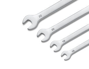 Wrench isolated on white. Spanners. Many wrenches. Industrial background. Set of wrench tool equipment. Set of wrenches in different sizes.