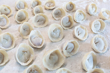 Raw dumplings ready for cooking lie in rows on the table.