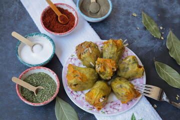 Traditional delicious Turkish - Greek cuisine, Turkish food; Stuffed zucchini flowers (Turkish name; kabak cicegi dolmasi)