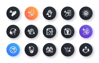 Touch warning icons. Stop touch face, wear medical mask. Covid cough symptoms, wash and disinfect hands icons. Do not press lift buttons, protect face with medical mask. Circle web buttons. Vector