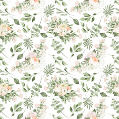 Seamless pattern of white flower bouquets and greenery, illustration on white background