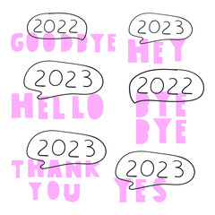 Set of phrases for new year 2023. Vector hand drawn illustrations on white background.