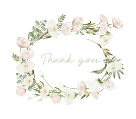 Wreath of greenery and white wildflowers, wedding floral card template, illustration on white background, Thank you card design
