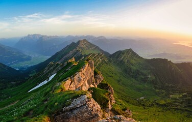 sunset on the mountain speer. Beautiful mountain panorama from the Glarus Alps to Lake Zurich. View of the federispitz