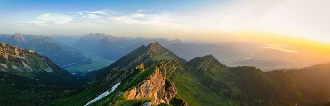 Wonderful view from the speer summit in the canton of St.Gallen. Evening mood with a view of the Glarner Alps. Sunset