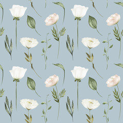 Seamless pattern of white flowers and green leaves, illustration on blue background