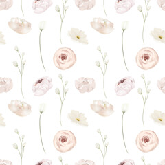 Seamless pattern of white roses and wildflowers, illustration on white background