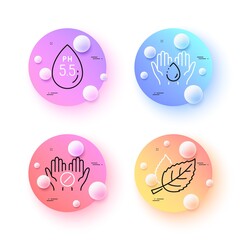 Ph neutral, Medical tablet and Wash hands minimal line icons. 3d spheres or balls buttons. Leaf icons. For web, application, printing. Water, Medicine pill, Skin care. Nature leaves. Vector