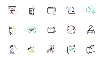 Quickstart guide, Fake news and Work home line icons for website, printing. Collection of Fake information, New mail, Vip certificate icons. Notification, Cloud computing, Palette web elements. Vector
