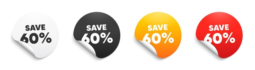 Save 60 percent off. Round sticker badge with offer. Sale Discount offer price sign. Special offer symbol. Paper label banner. Discount adhesive tag. Vector