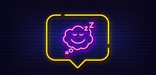 Neon light speech bubble. Sleep line icon. Night rest sign. Comic speech bubble with smile symbol. Neon light background. Sleep glow line. Brick wall banner. Vector