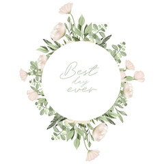 Round frame of greenery and white wildflowers, wedding floral card template, illustration on white background