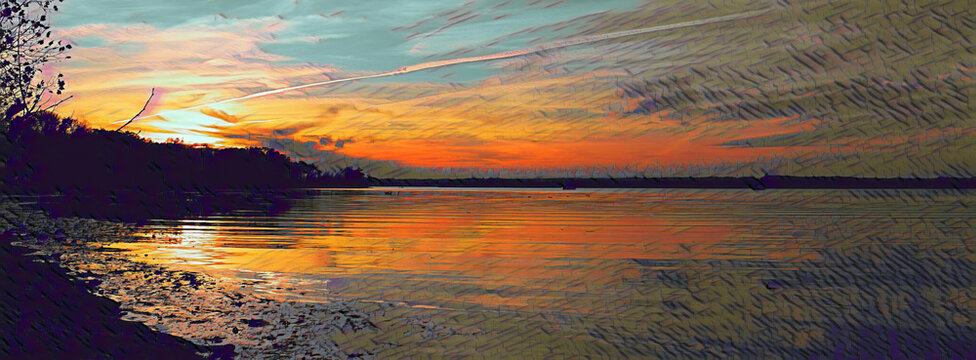 Painted images of the sunset in Mason Neck State Park.  With a colorful sky reflected in the water of Belmont Bay. 
