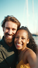 Close up portrait of happy man and smiling woman doing stream on smartphone. Close-up, joyful young interracial couple communicating via video call using mobile phone