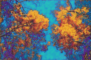 Teal and gold painting of autumn foliage in the tree canopy. 