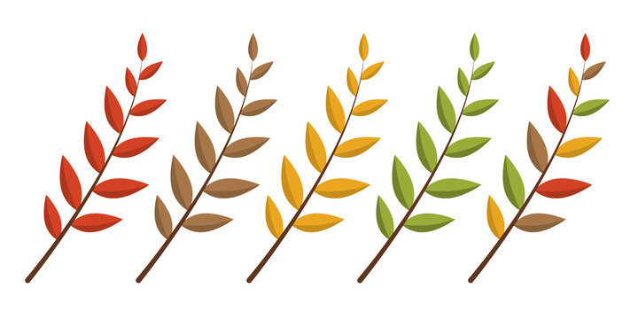 A set of autumn leaves on branches in different colors in a flat style. Vector image.