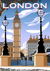 Cityscape with the waterfront in the first plan, Big Ben and the Houses of Parliament in the background. Handmade drawing vector illustration. London retro style poster design. - obrazy, fototapety, plakaty