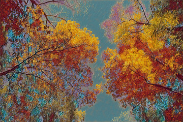 A painting of autumn foliage in the tree canopy. 