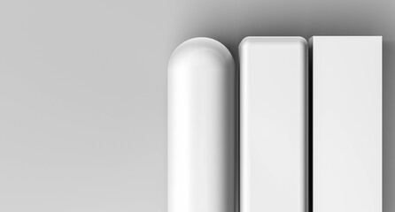 White metallic rounded squares of various shapes. The design is white and grey. Monochrome white light design for text. The background is white with rounded squares for inserting text. 3D render.