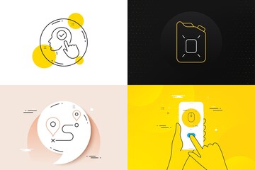 Minimal set of Scroll down, Canister oil and Journey line icons. Phone screen, Quote banners. Select user icons. For web development. Mouse swipe, Gasoline fuel, Trip distance. Vector