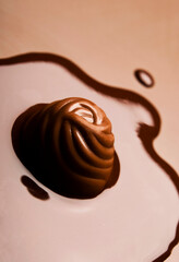 close-up of chocolate praline or bonbon in a splash orca pool of melted chocolate 
