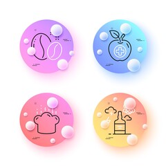 Coffee beans, Cooking hat and Alcohol addiction minimal line icons. 3d spheres or balls buttons. Medical food icons. For web, application, printing. Roasted seeds, Chef, Confused mind. Apple. Vector