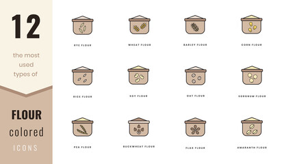 The most used types of flour colored icons. Rye, wheat, barley, soy, rice and corn, flax, amaranth, oat, buckwheat, pea and sorgnum. In colored style. For website design, mobile app, software
