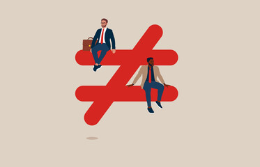Human inequality and injustice, discrimination and racism as global social issue, upper class business man sitting on top of injustice, unfairness symbol with person of African American at the bottom. - obrazy, fototapety, plakaty