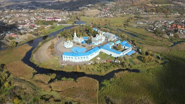 Aerial shot Village Town, Exactly. Gorodotsky St. Nicholas Convent. Ukraine