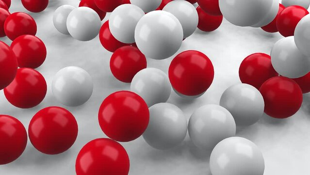 white ball and red ball with moving spheres. Dynamic wallpaper with balls 3D rendering motion close up.