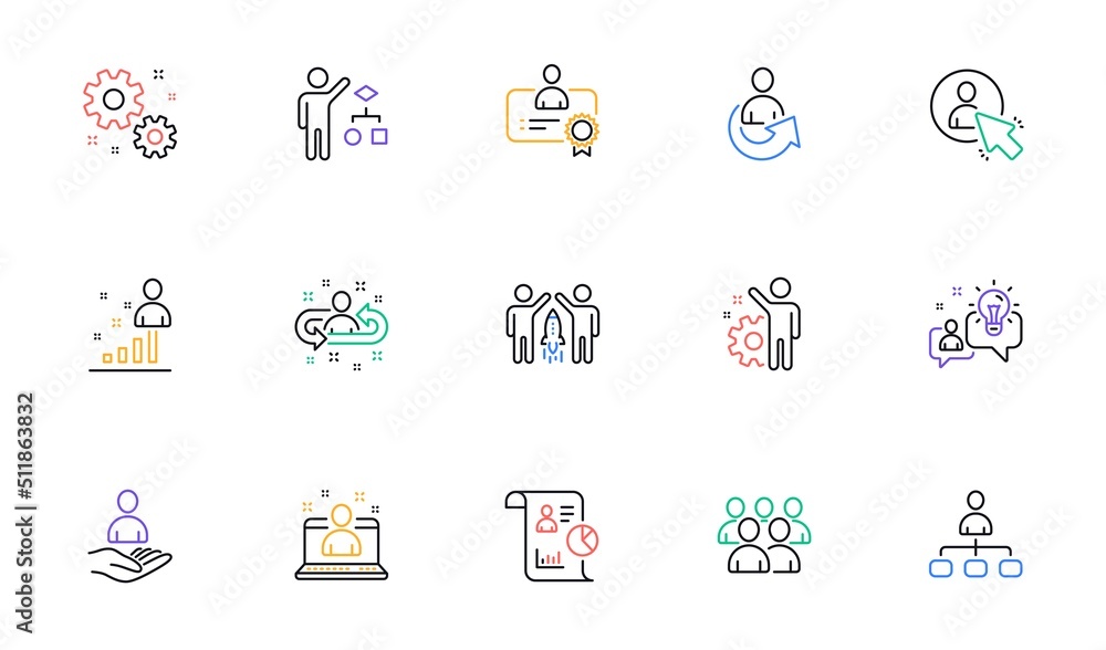 Poster management line icons. business people, algorithm and group. startup strategy linear icon set. bicol