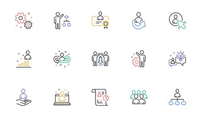 Management line icons. Business people, Algorithm and Group. Startup strategy linear icon set. Bicolor outline web elements. Vector