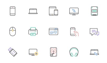 Device line icons. Laptop, SSD and Headphones. Printer linear icon set. Bicolor outline web elements. Vector