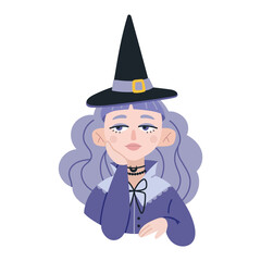 Witch beautiful girl props up his head, portrait, cartoon style. Trendy modern vector illustration isolated on white background, hand drawn