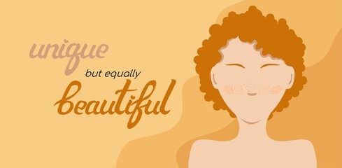 Portrait of a red-haired woman. Handwritten calligraphy inspirational quotes. World Redhead Day November 5th. Vector flat isolated illustration