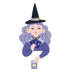 Obraz premium Beauty Fortune tellers, cartoon style. Young witch girl lays out tarot cards on table. Witchcraft and supernatural powers.Trendy modern vector illustration isolated on white background